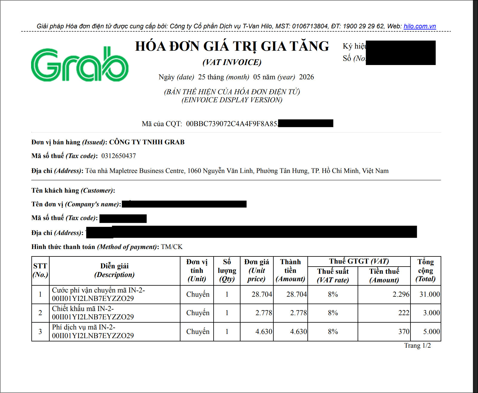 Mẫu hóa đơn GTGT Grab