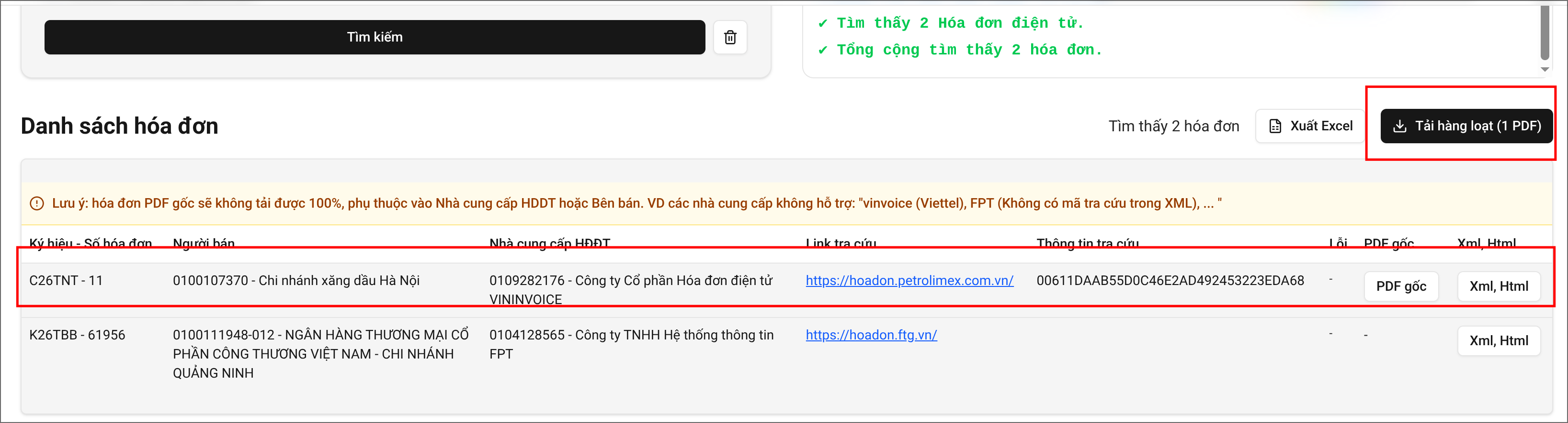 Kết quả danh sách hóa đơn Petrolimex
