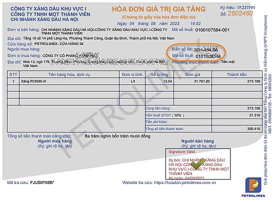 Mẫu hóa đơn GTGT Petrolimex